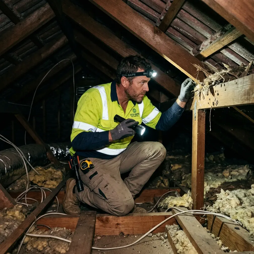 Technician inspecting a roof cavity for a dead animal in Dunnstown
