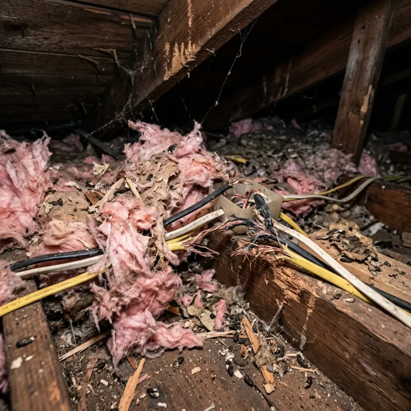 Contaminated ceiling insulation being assessed in a Dunnstown roof space