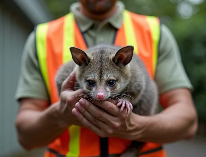 Animal handler safely recovering a deceased possum in Dunnstown