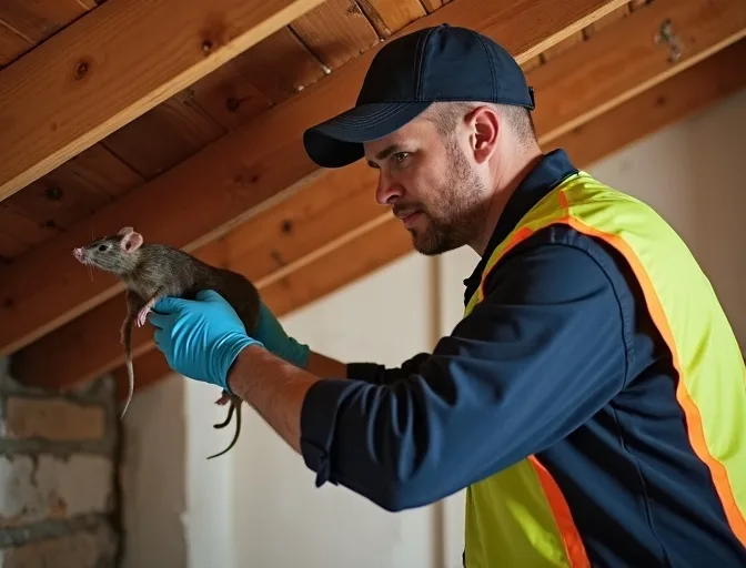 Technician inspecting a roof cavity for a dead rat in Dunnstown